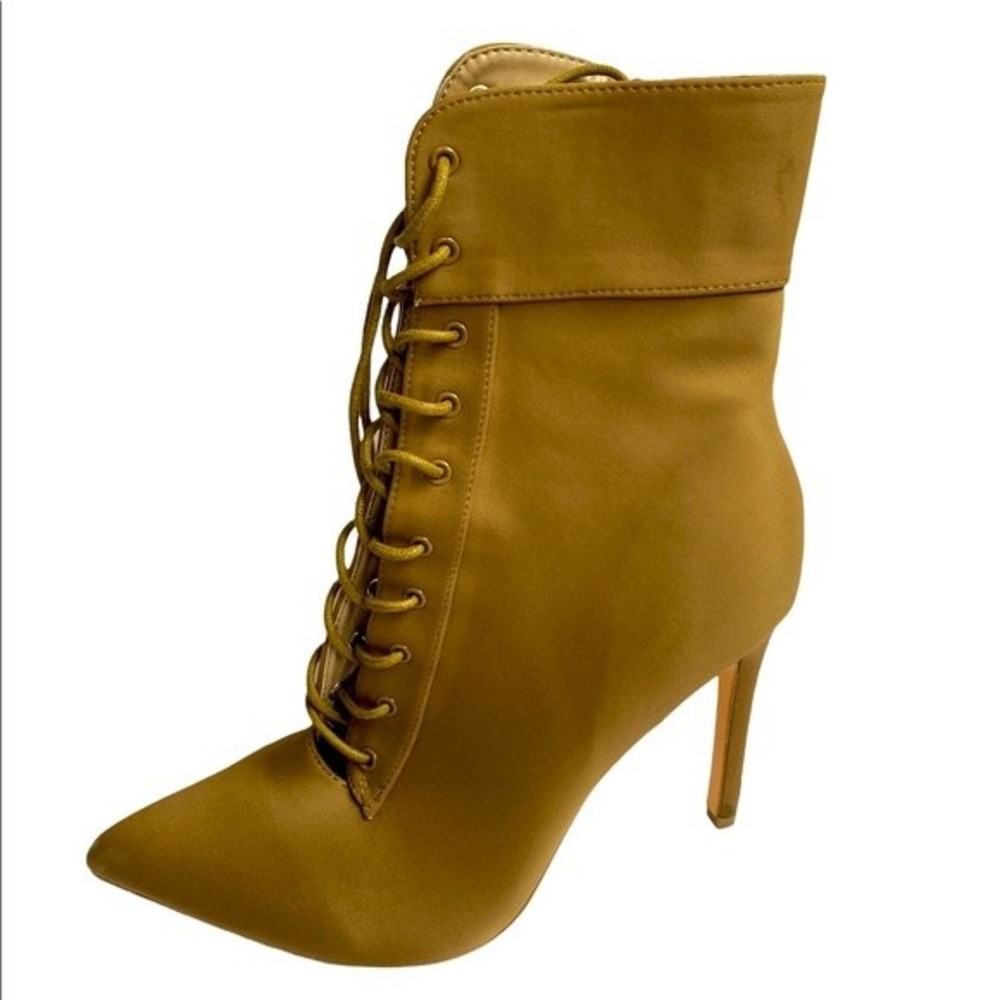 FASHION NOVA WOMEN'S SIZE 9M STILLETO POINT TOE SATIN TAN BOOTS ZIP& LACE